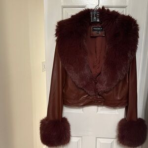 Women's Burgundy Faux Fur Trim Leather Jacket